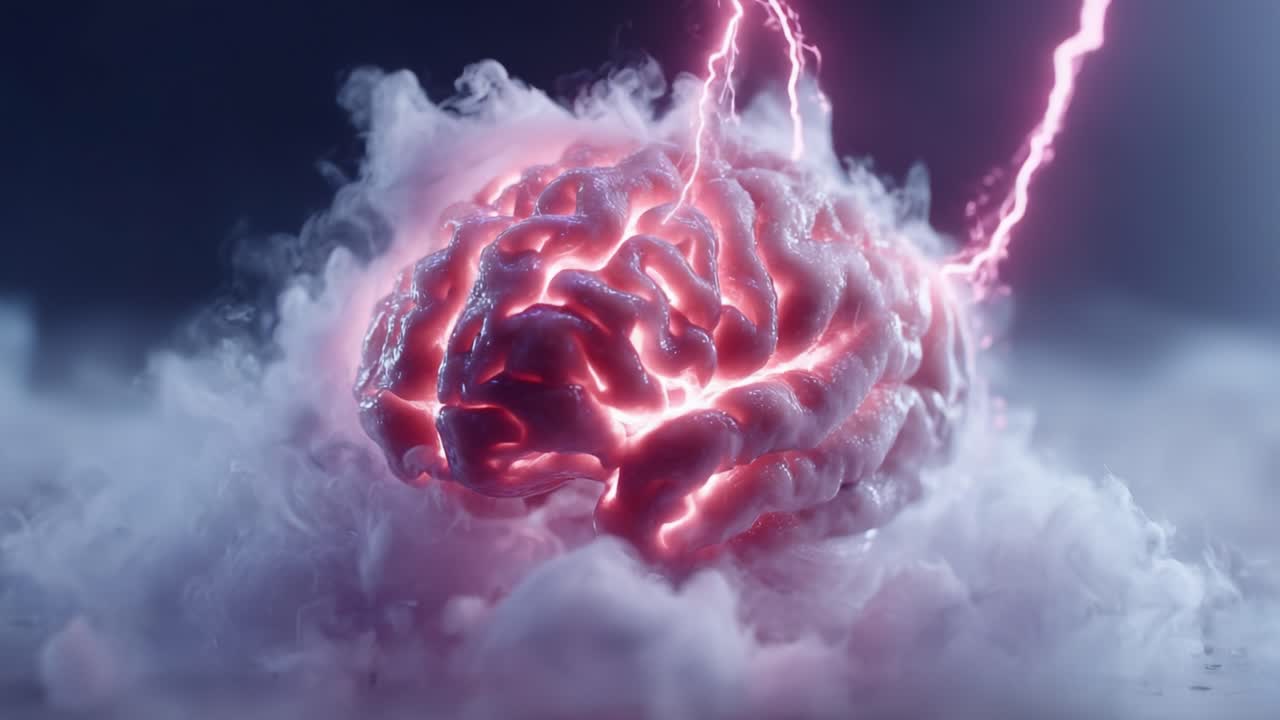 A Visceral Display of Neuroscience: A Surreal Representation of the Human Brain Surrounded by Eerie Lightning and Ethereal Clouds in a Futuristic Visual Landscape