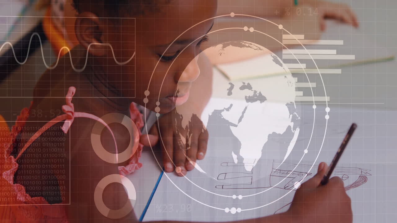Drawing digital globe with data graphics, child using animation in school
