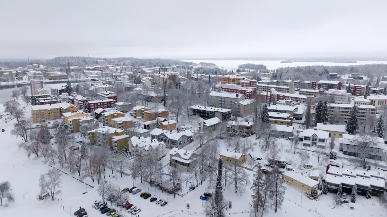Aerial View of a Snowy Town in Finland