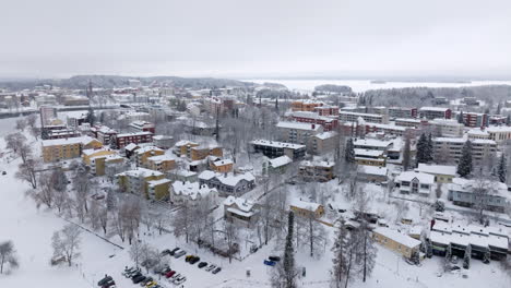 aerial view of a snowy town in finland