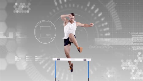 atleta saltando sobre un obstáculo contra el fondo animado