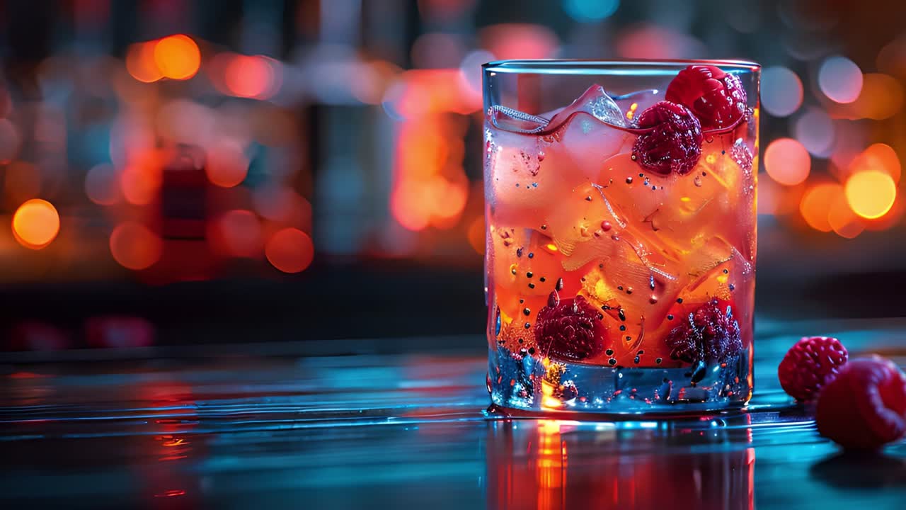 Raspberry Cocktail with Ice in a Bar Setting with Bokeh Lights
