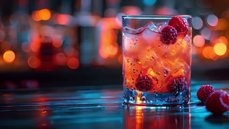 raspberry cocktail with ice in a bar setting with bokeh lights