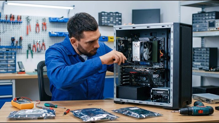 Tekniker installerer computerhardwarekomponenter inde i et stationært arbejdsstationssystem