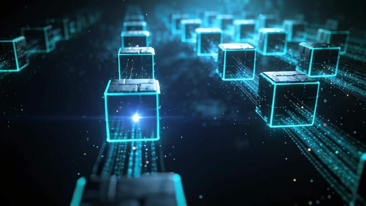 Gliding front cube moving along data net, pulsing light raising glow and pushing particle trails