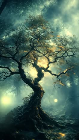 enchanted tree illuminated by golden light in a mystical forest