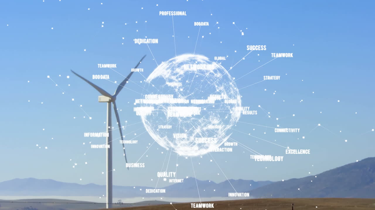 Animation of network of connections over globe and wind turbine