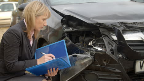 mujer ajustadora de pérdidas escribiendo un informe sobre un coche dañado