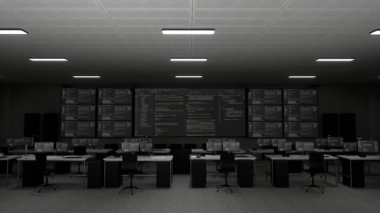 Dark, modern server room with multiple monitors showing code