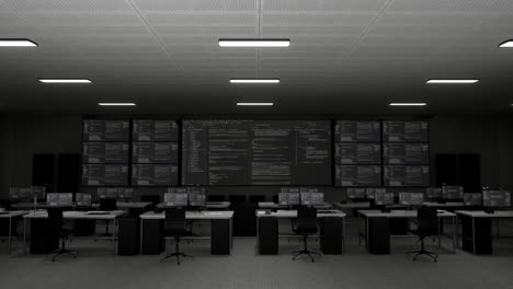 dark, modern server room with multiple monitors showing code