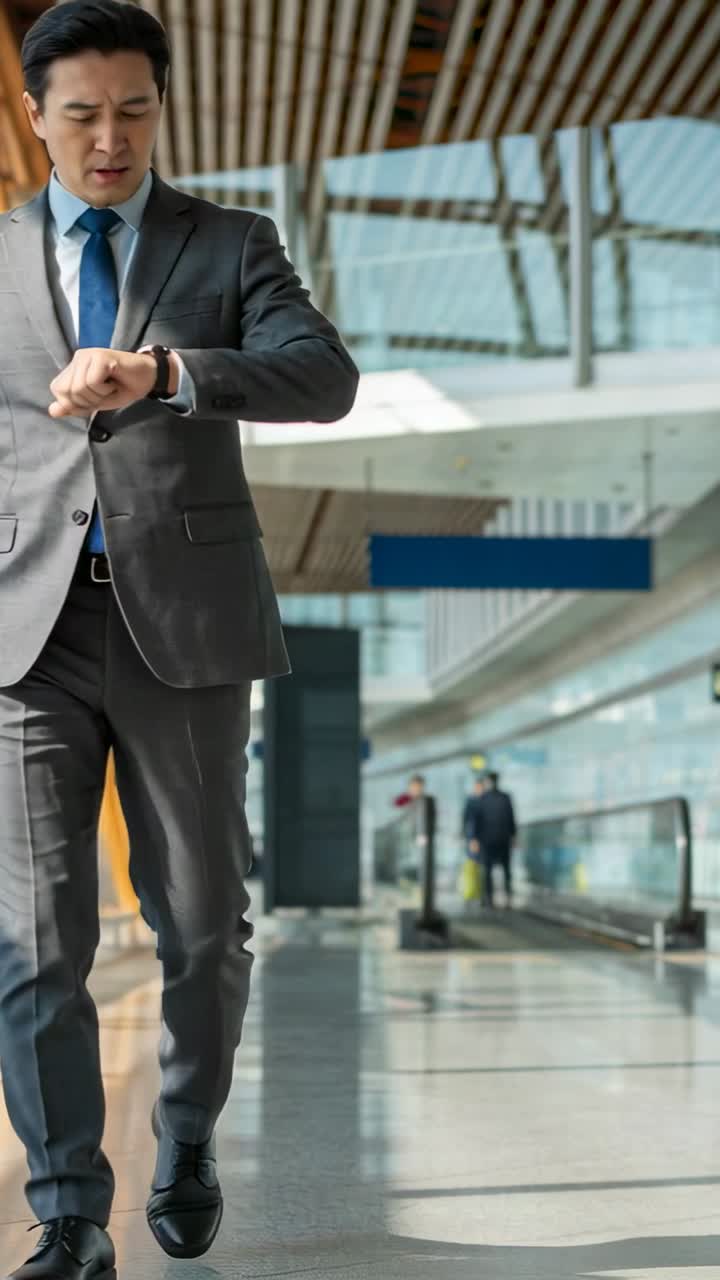 Hombre de traje gris mira su reloj de pulsera y acelera el paso hacia la puerta en la sala del aeropuerto, con espacio para texto.