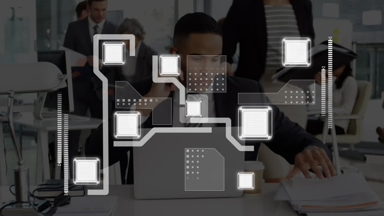 Animation of financial data processing over african american businessman in office