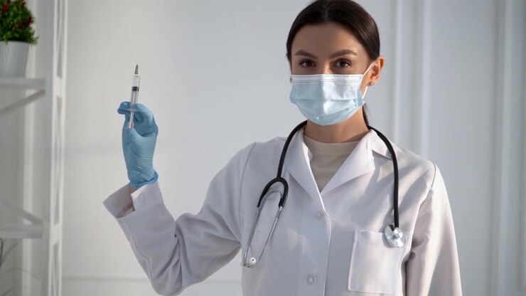 Dotteressa che tiene una siringa con un vaccino per il Coronavirus.
