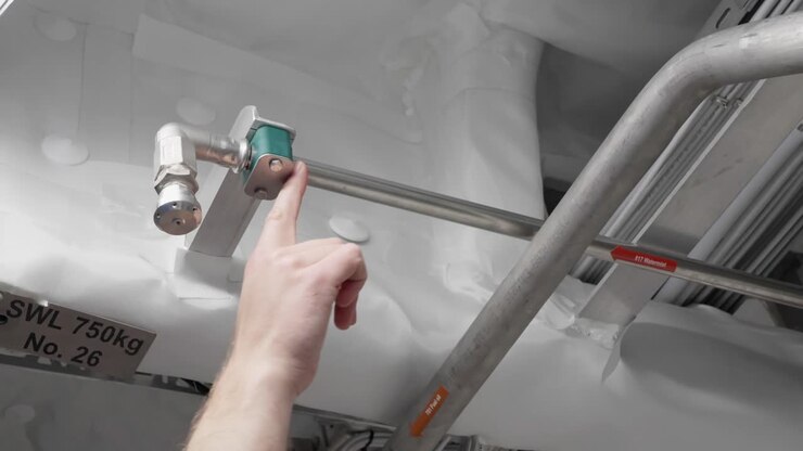 Kaptajn viser Water Mist sprinklersystem i skibets maskinrum, nærbillede