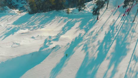 people ski and snowboard along white slope aerial view