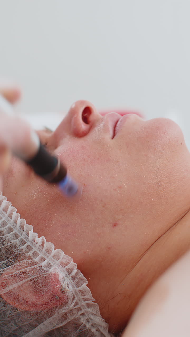 Cosmetologist doing peeling procedure, woman skin regeneration, dermapen microneedling, dermastamp