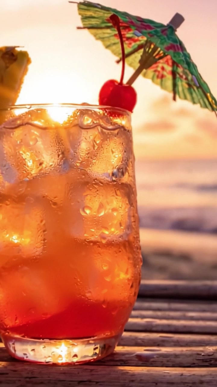Una rinfrescante bevanda tropicale durante un tramonto mozzafiato, che mostra ingredienti freschi, cubetti di ghiaccio e un'iconica decorazione a ombrellino in un'invitante cornice da spiaggia.
