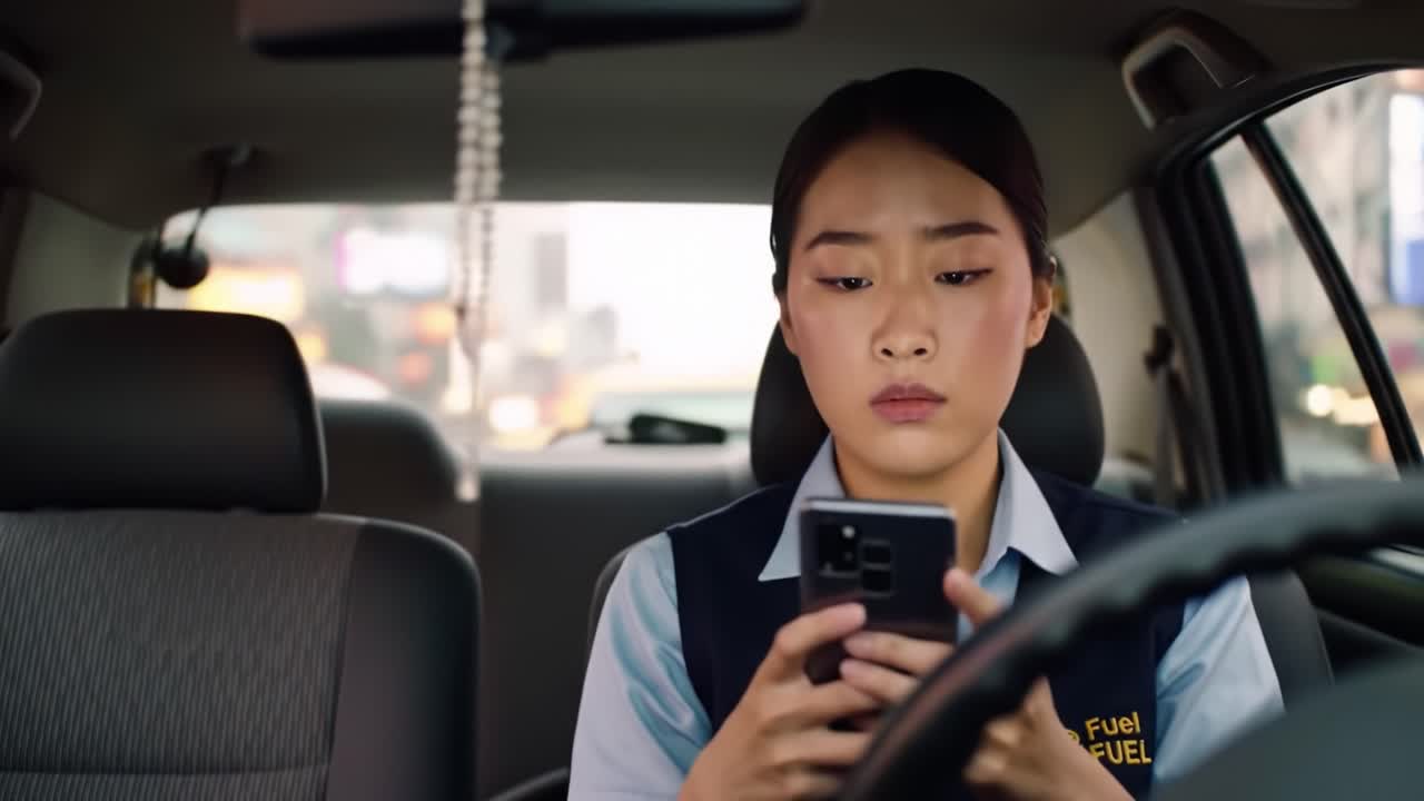 A Focused Look at a Young Woman Driving in a Car, Engrossed in Her Smartphone, Capturing a Moment of Modern Life and Digital Connectivity
