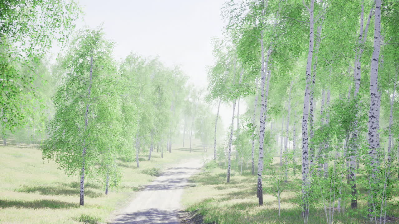 Sunlight filters through fresh green birch trees on a quiet forest path