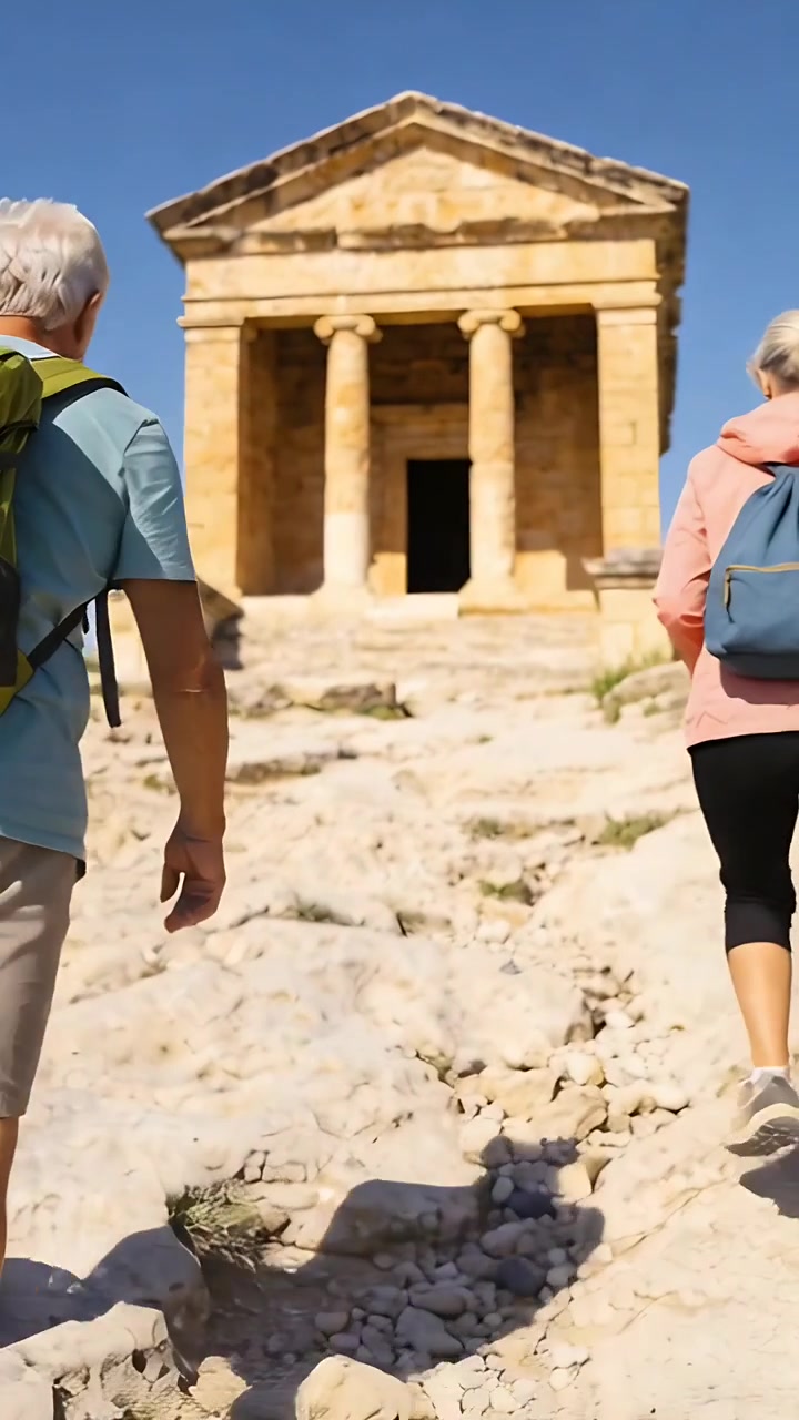 Video vertical: Personas mayores escalando avistando un templo, navegando por una pendiente rocosa con sudadera rosa y camisa azul