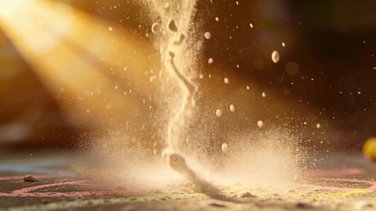 La gravità trascina un sottile flusso di sabbia e ciottoli, creando una nuvola di polvere sul marciapiede, accanto a un cerchio di gesso.