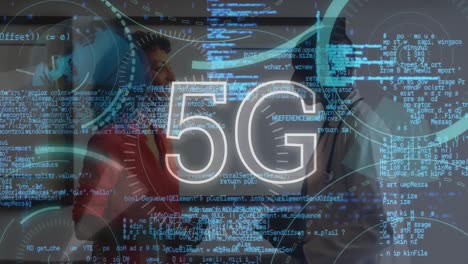 Animation-Der-Datenverarbeitung-Und-5G-über-Verschiedenen-Sprechenden-Weiblichen-Und-Männlichen-Medizinern