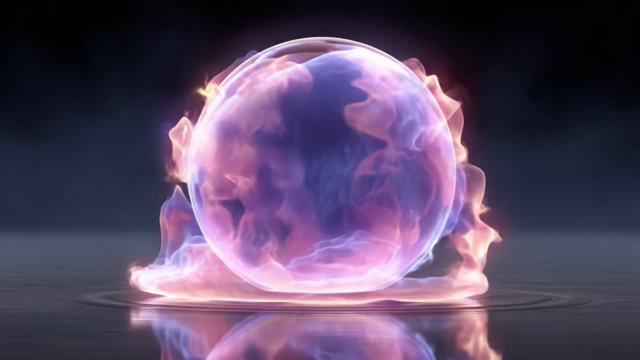 A Vibrant Energy Sphere Surrounded by Mystical Flames Creates a Captivating Visual Experience, Depicting Fluid Motion and Ethereal Aesthetics in a Dim Environment