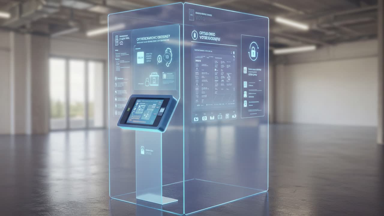 Futuristic Interactive Display in Transparent Cube Showcasing Advanced Technology with Touchscreen Interface Presenting Data and Security Features