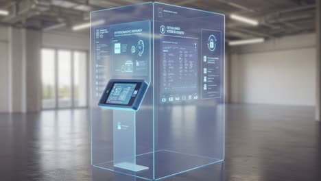 futuristic interactive display in transparent cube showcasing advanced technology with touchscreen interface presenting data and security features