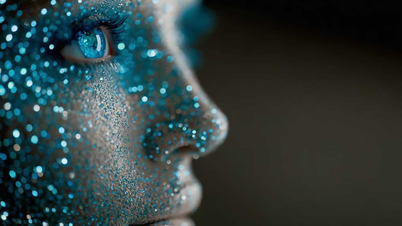 Un primo piano mozzafiato di un viso scintillante adornato con glitter blu, che cattura i dettagli intricati e il fascino di un make-up luminoso.