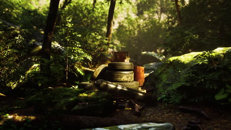 discarded car tires in the forest
