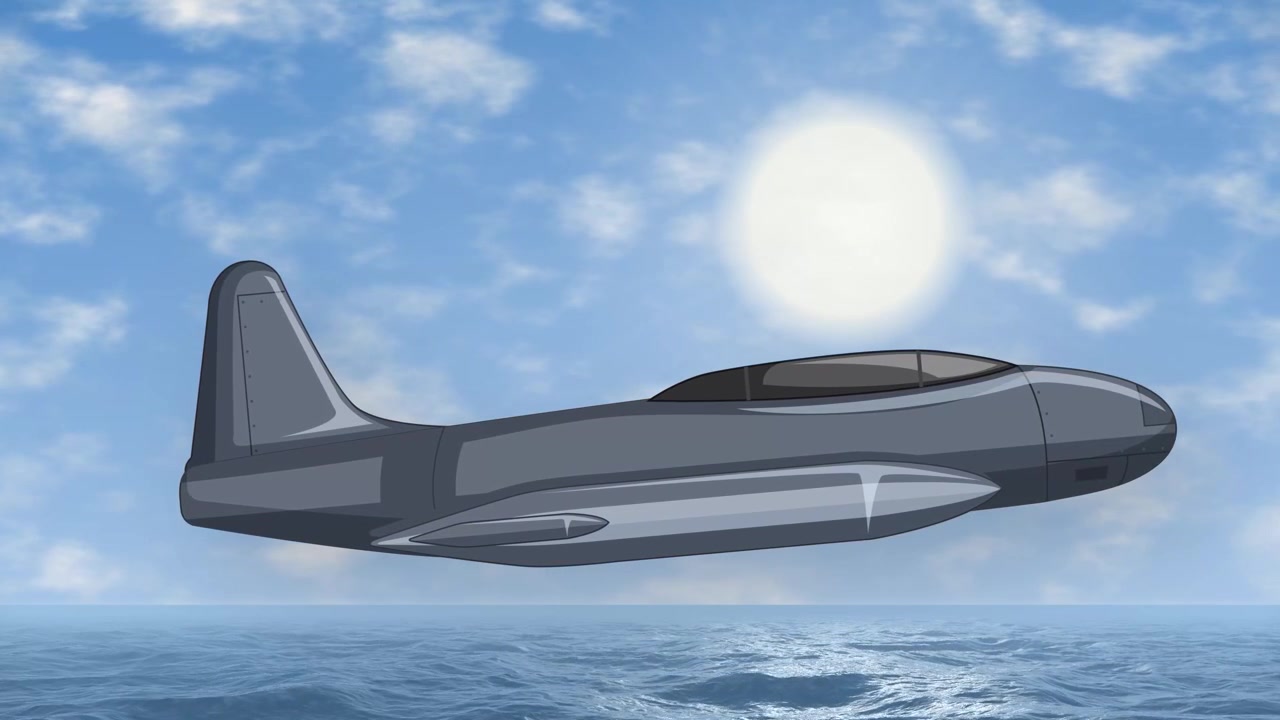 A 2D animated gray jet plane glides steadily over blue ocean water under bright sunlight.