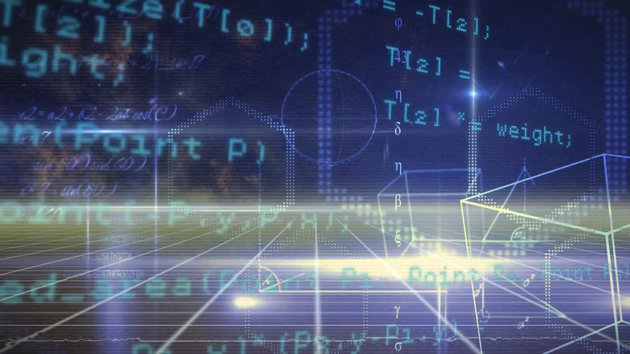 Animation of data processing and figures over neon shapes