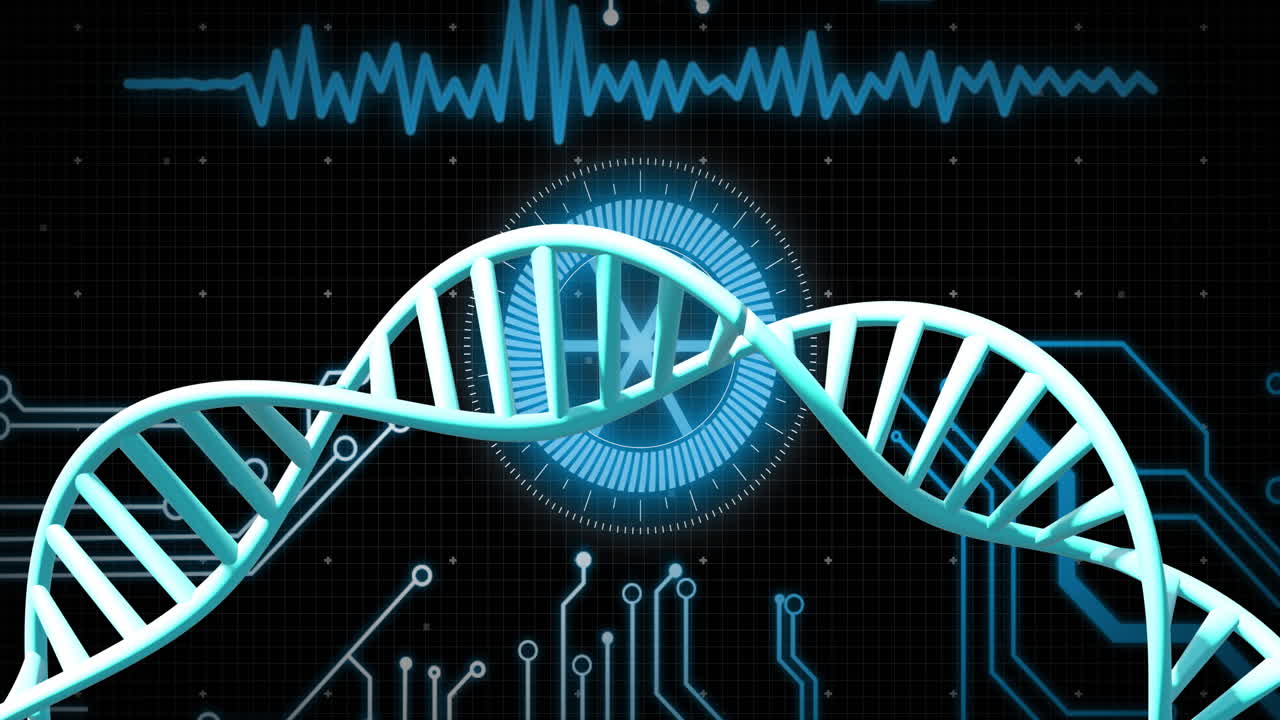 Animation of dna strand spinning over data processing on black background