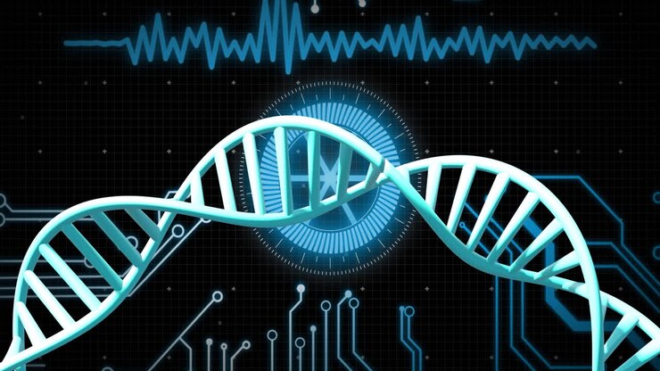 Animation of dna strand spinning over data processing on black background