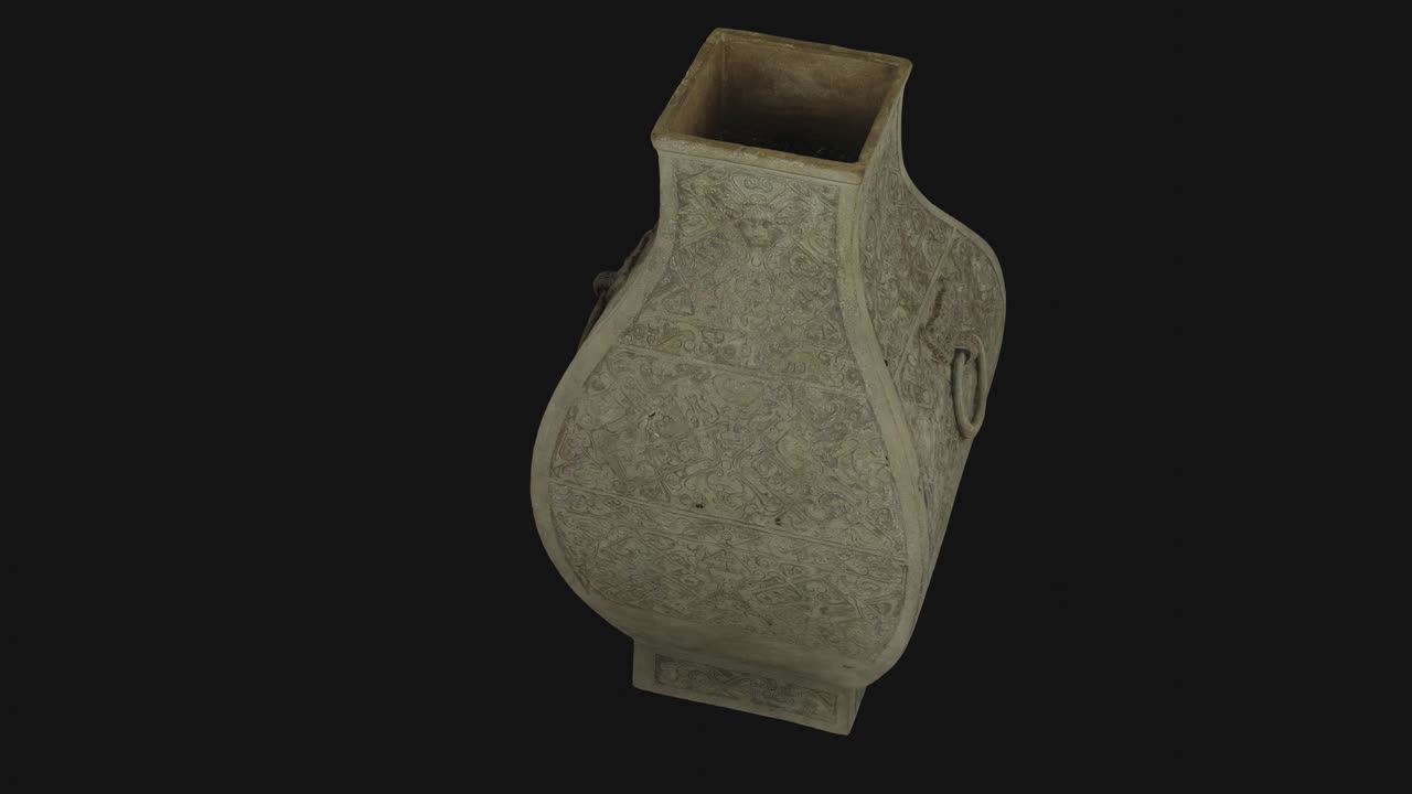 recipiente de vino fanghu, c 4th-5th c bce, cg, la cámara gira alrededor