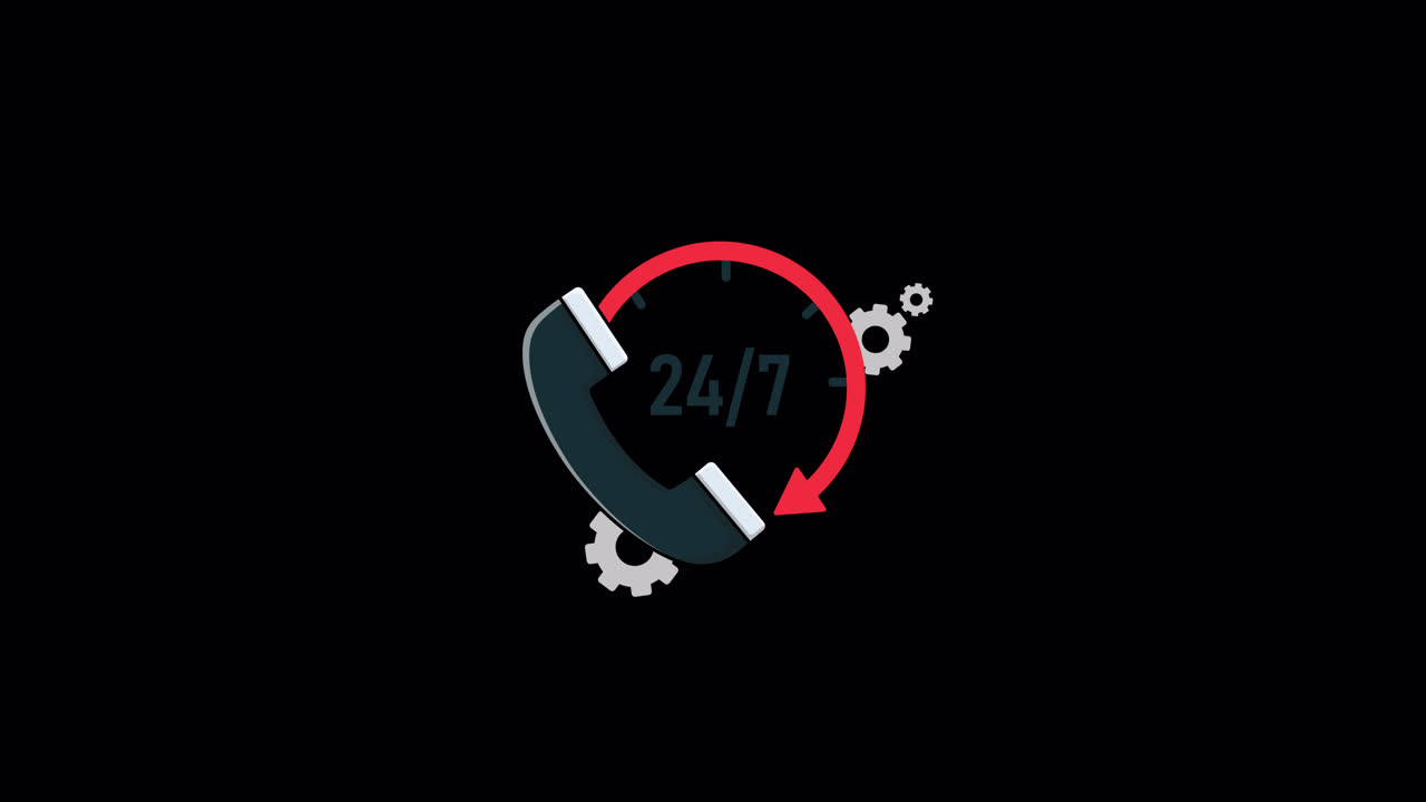 Animated 24/7 Telephone Support Icon with Rotating Gears
