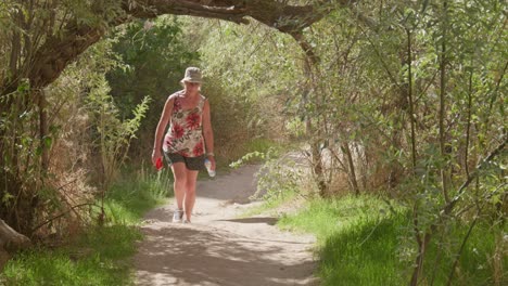 Casual-summer-dressed-woman-walker-explores-nature-trail-sunny-day