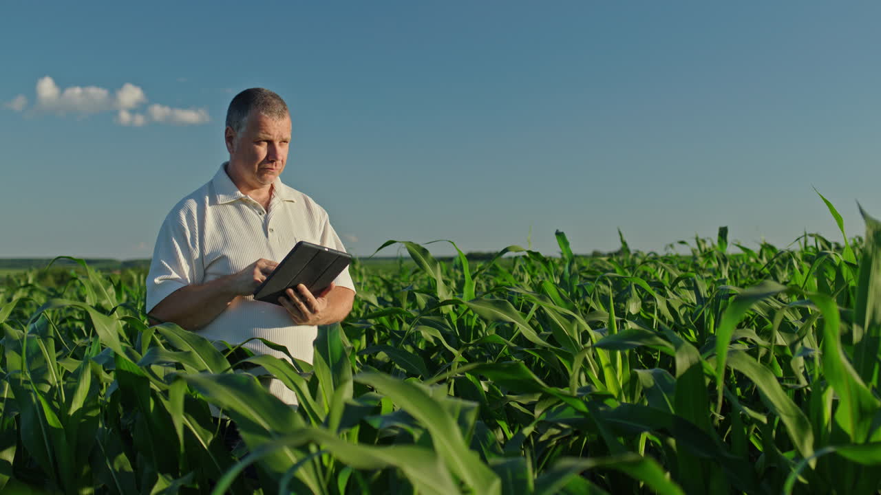 agricultor que utiliza tabletas en el campo de maíz