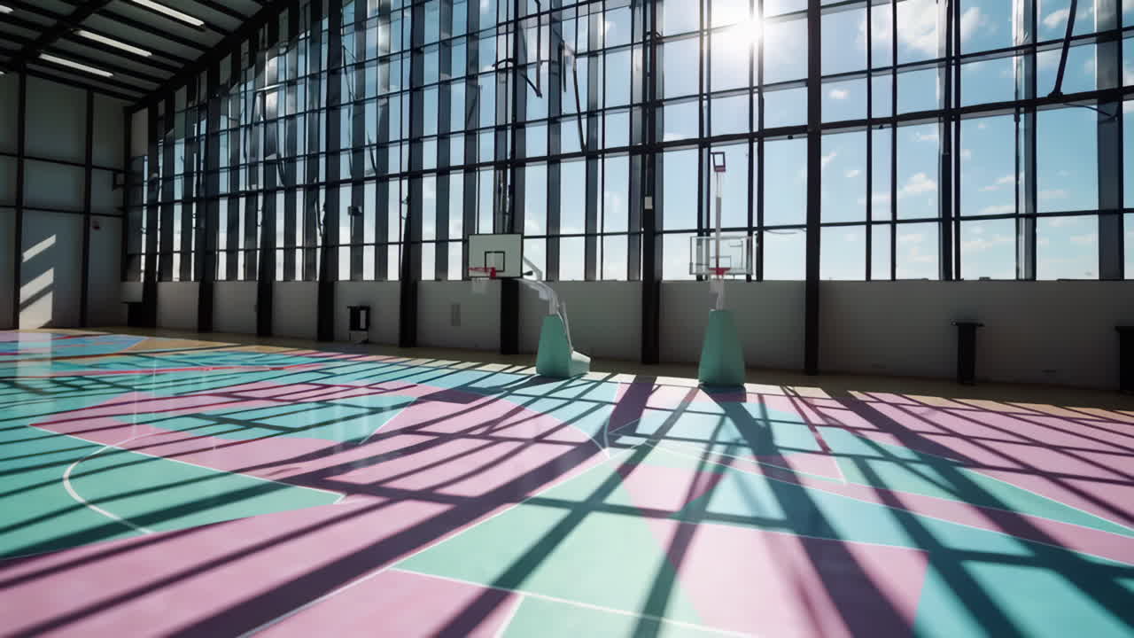 Modern Indoor Basketball Court with Colorful Floor and Sunlight
