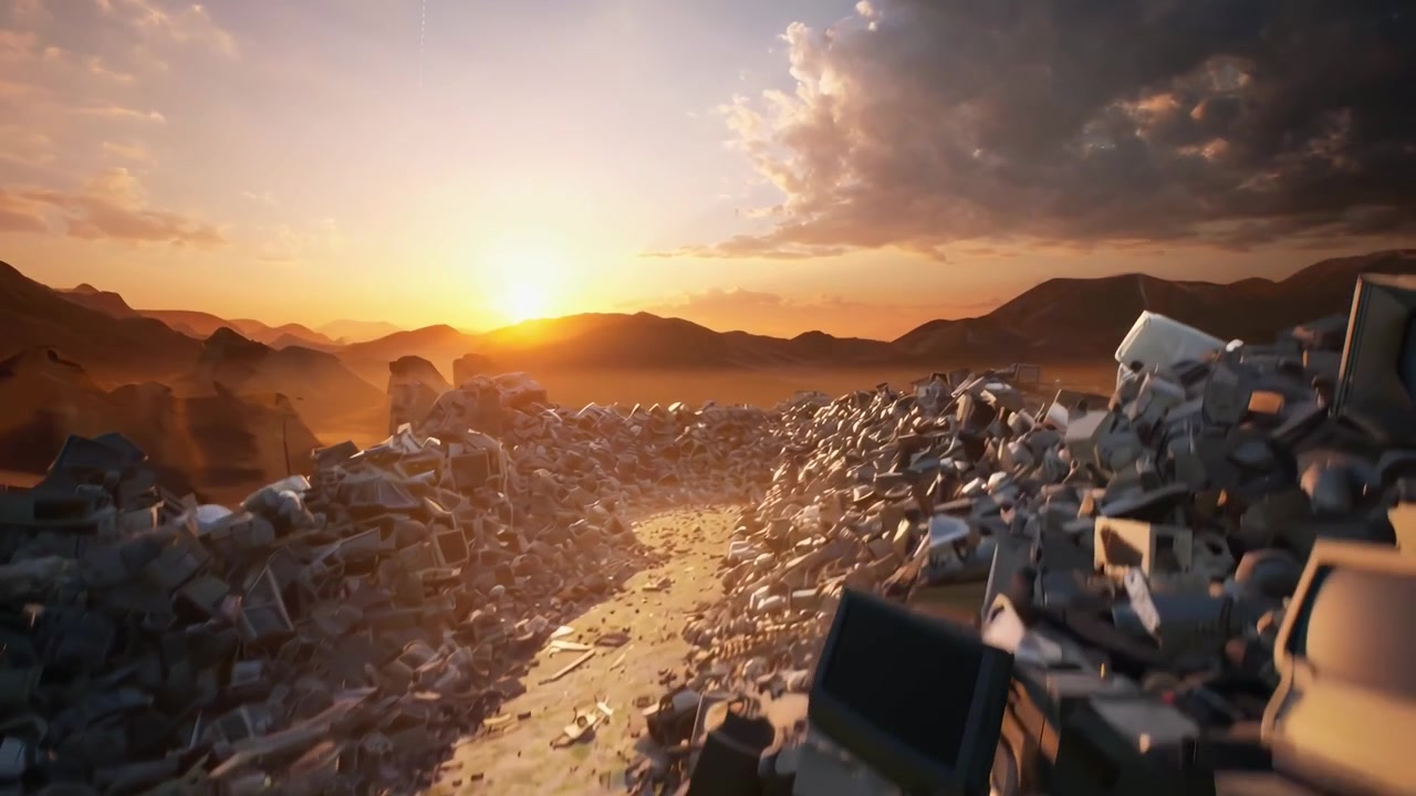 Aerial View of Vast Electronic Waste Landfill at Sunset