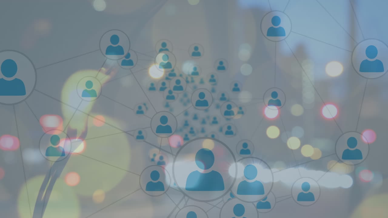 배경에서 밤에 bokeh 도시 불빛에 사람들의 네트워크 iccns의 애니메이션