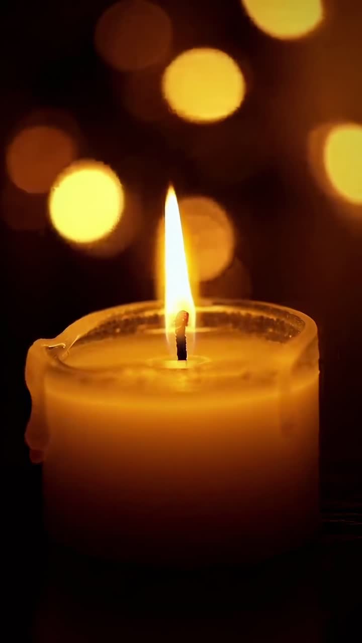 Primo piano di una candela accesa con luci bokeh soffuse, che crea un'atmosfera video calda e serena