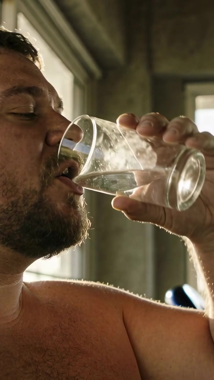 Vertical video: Drinking bare-chested man raising clear glass to mouth at home, emptying drops