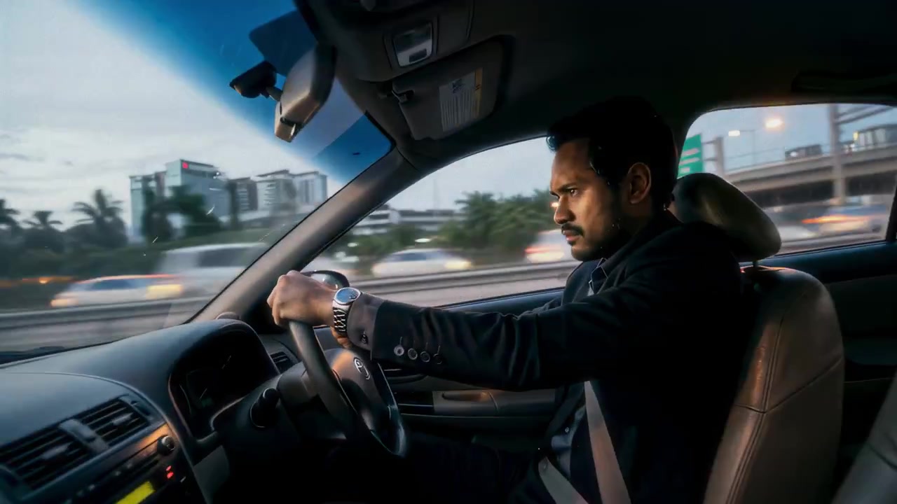 Forretningsmann kjører bil på en motorvei i skumringen