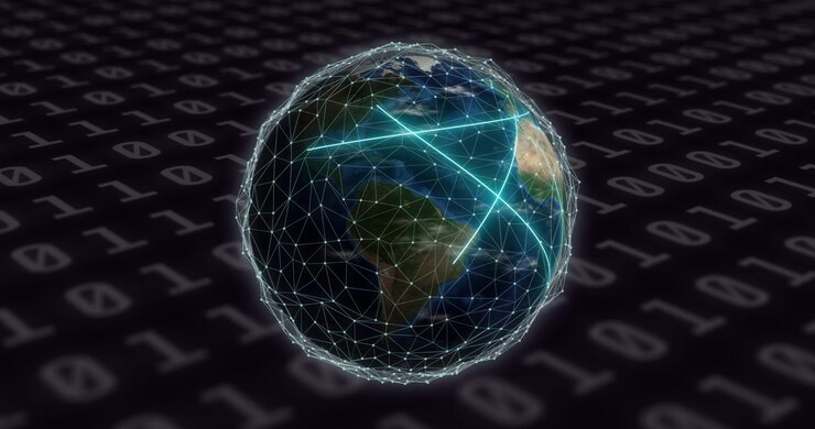 Mesh globe rotating cyan triangle forming near N Africa sending sweeping trails showing data flow