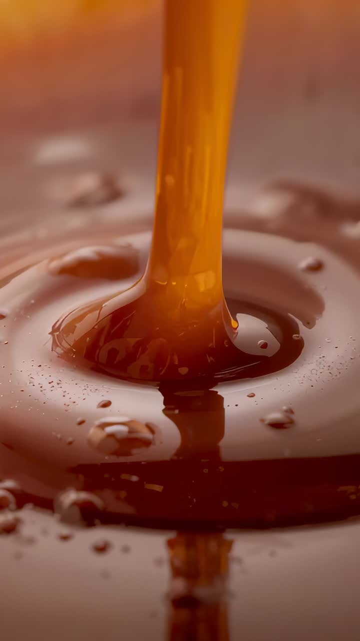 Vertical video: Pouring syrup stream forming crater in studio pool, making ripples showing droplets
