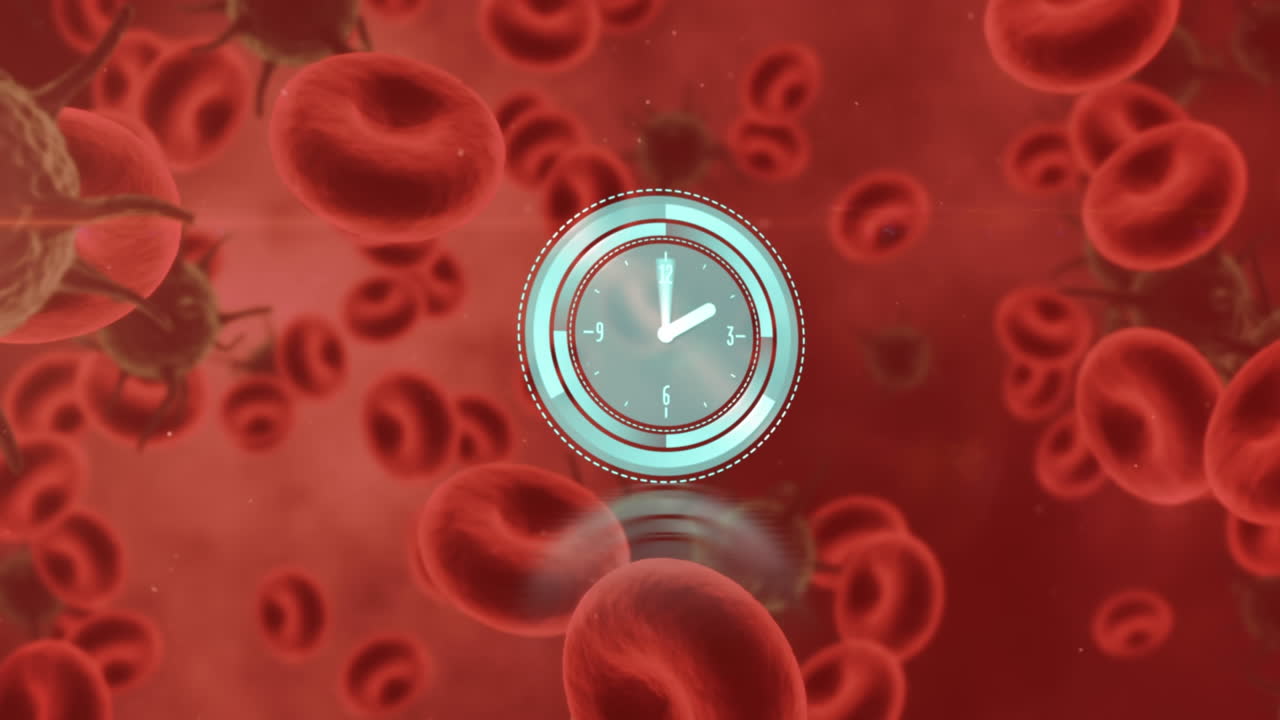 Animation of clock over moving cells over red background