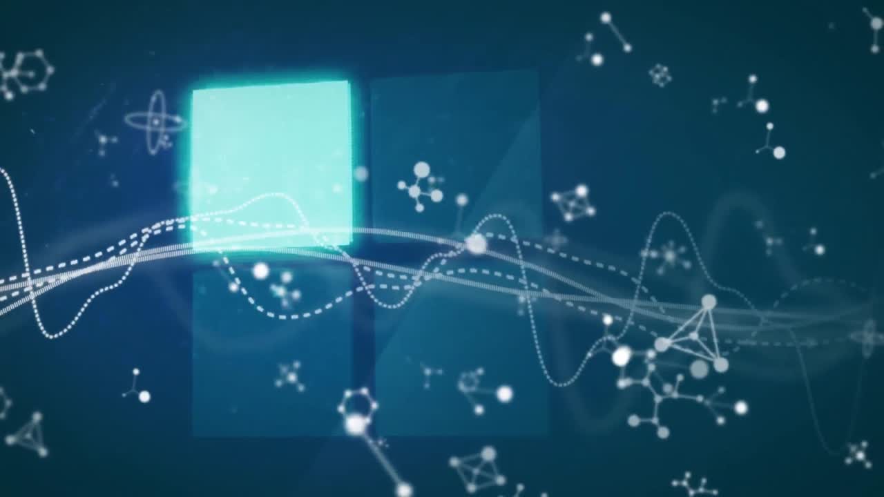 파란색 배경에 빛나는 사각형과 분자 위의 파동 패턴의 애니메이션