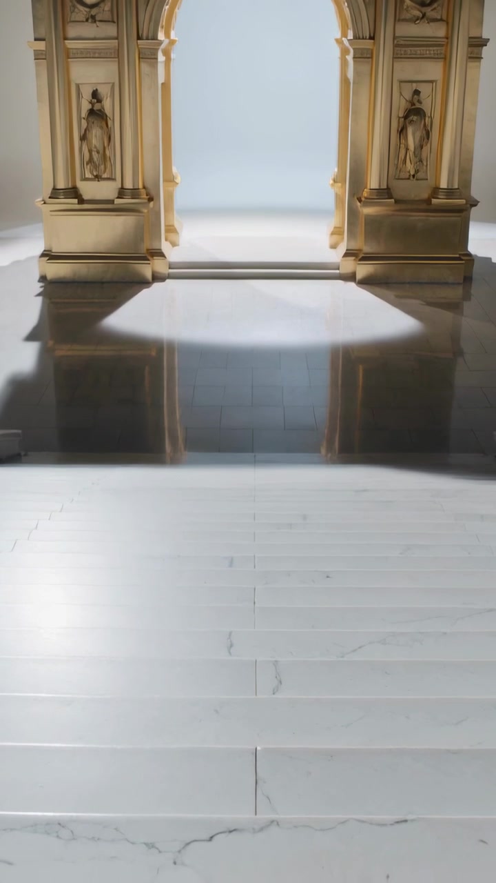 Video verticale: Telecamera che si muove in avanti verso un arco dorato in uno studio, spostando il riflesso per inquadrare l'arco.